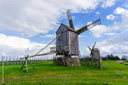 view of the Angla windmills on Saaremaa Island in Estonia photo