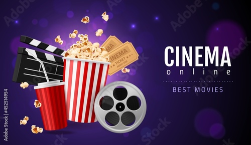 Realistic popcorn cinema. Movie watching concept, online filmshow entertainment, 3d cinematic objects, two tickets, snack and drink. Promotion flyer. Vector horizontal isolated poster