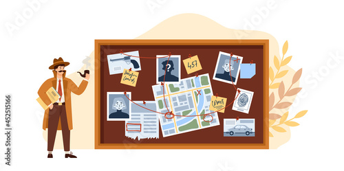 Male detective look on investigation board with scheme investigate.