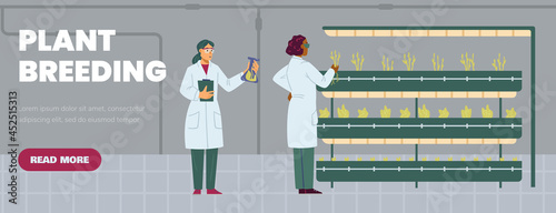Plant breeding and biotechnology website template, flat vector illustration.