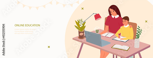 Online education. Parents helping children do homework landing page. Learning, studying process at home. Distance education, online books, exam preparation. Family read book flat vector illustration.