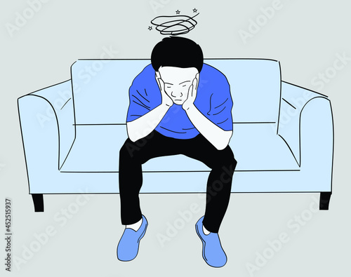 The man sitting on the sofa looked dizzy while holding his head. Hand drawn style vector design illustrations