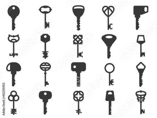 Key silhouettes. Black vintage and modern shapes, retro and contemporary design forms, monochrome pictograms, home door security. Design and decor elements. Vector isolated set