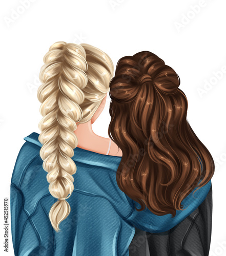 Blonde and brunette girls. Girls hugging. Hand drawn fashion illustration