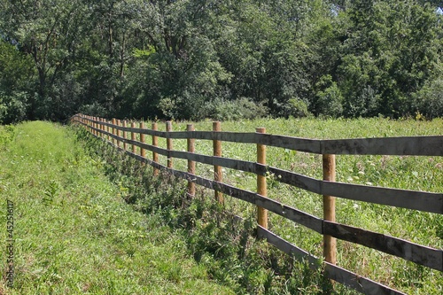 Traditional wooden fence surrounding the green farm pastures on a bright sunny summer day.