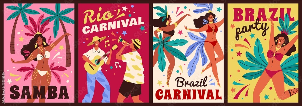 Brazil carnival cards. Happy beautiful dancing latino women and musicians men, big annual festival, colourful feathers costumes. Rio de janeiro samba festival posters vector cartoon set