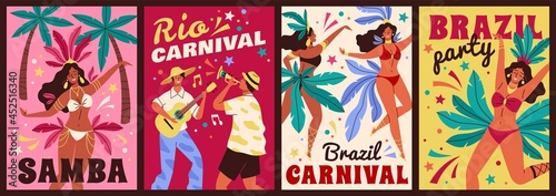 Brazil carnival cards. Happy beautiful dancing latino women and musicians men, big annual festival, colourful feathers costumes. Rio de janeiro samba festival posters vector cartoon set