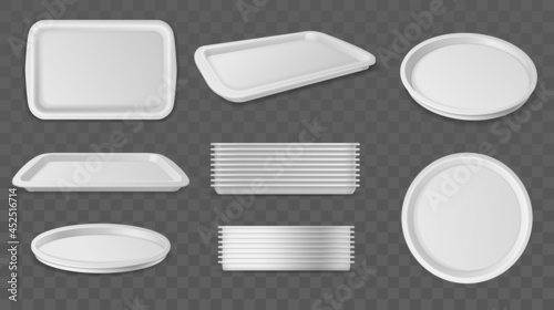 Round and square trays. Realistic plastic serving tray, different angles view, single objects and stacks, 3d white food stands mockup, empty dinner containers, vector isolated set