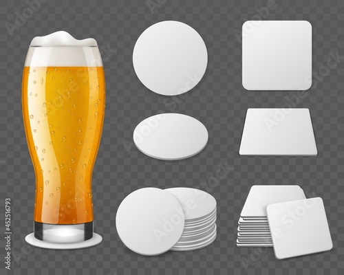Coasters with beer. Realistic glass with drink, blank paper round and square shapes, different angles view, single objects and stacks. Empty cardboard drink mats mockup. Vector isolated set