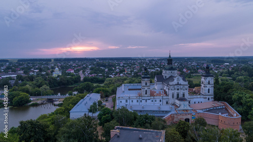 The Monastery of the Bare Carmelites in Berdichev aerial evening panorama view
