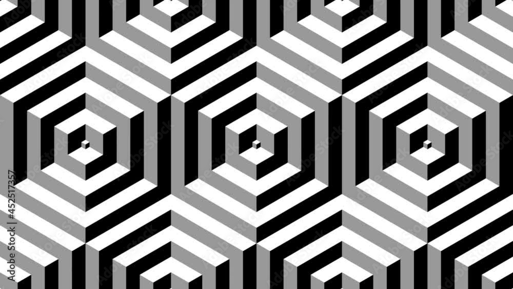 Black and white optical illusion. Op Art video. 3D pattern. Cubes. Meditation footage. Looped motion. Psychedelic hypnotic transformation. Looping animation footage. Animated geometric footage. 4K	
