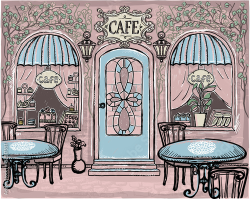 Street cafe sketch style art vector graphic illustration