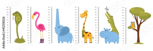 Kids growth rulers. Children room wall decors, funny height measured with cute colorful animals, tree and birds, cartoon giraffe elephant and pink flamingo. Vector set