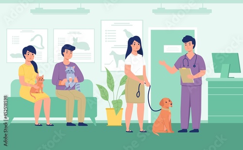 Vet reception. Registration animals in queue to veterinarian, owners with pets in clinic, waiting for doctors appointment. Medical treatment, animal health care. Vector isolated concept