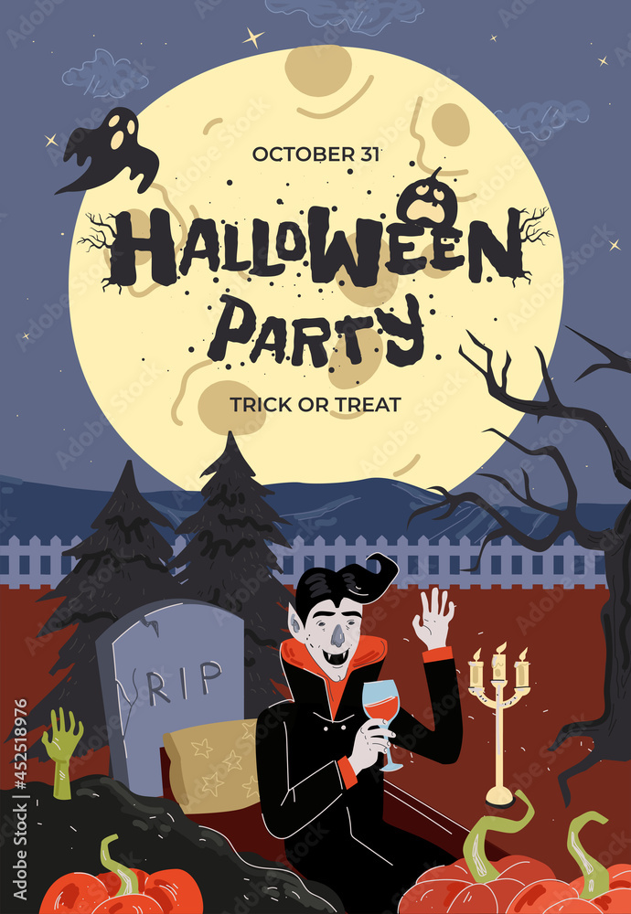 Happy Halloween holiday party poster or greeting card design template. In grave vampire drink blood. Moonlight night cemetery and traditional October 31 holiday hand drawn inscription. Vector banner Happy Halloween holiday party poster or greeting card design template. In grave vampire drink blood. Moonlight night cemetery and traditional October 31 holiday hand drawn inscription. Vector banner