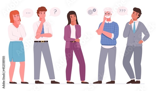 Thoughtful business people. Office employees team men and women thinking poses, resolving work issues, finding right solution, solving problem. Human with thought bubbles. Vector set