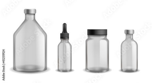 Bottles glass medical. Realistic blank aromatherapy oil cosmetic containers. Transparent empty plastic flasks with cap and pipette, pharmacy syrup drugs packaging, 3d vector isolated set