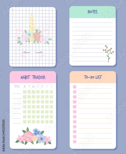 Calendar days organizers. Weekly planner, agenda, reminder and checklist, important date. Colorful paper sheets with flowers and unicorn. Girls notebook or diary template. Vector isolated set