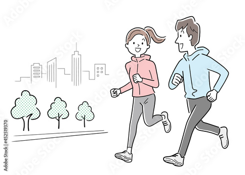 ベクターイラスト素材：ランニング、ジョギングする若い男性と女性、カップル
