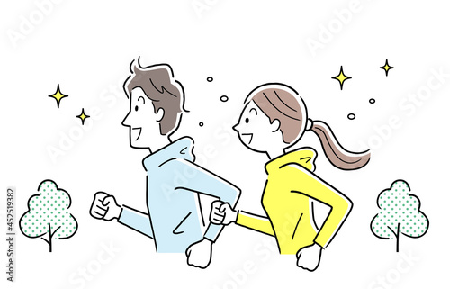 ベクターイラスト素材：外でジョギングする男性と女性、カップル、夫婦

