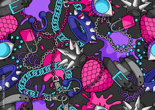 Seamless pattern with youth subculture symbols. Teenage creative illustration. Fashion necklaces in cartoon style.