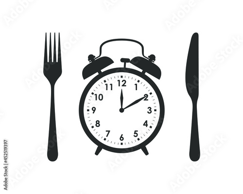 Time for lunch concept graphic poster. Knife with fork and alarm clock sign isolated on white background. Vector illustration
