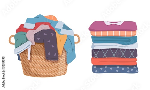 Dirty and clean clothes. Apparel heap with stains in basket and washed clothing, pile different towels. Soiled smelly pile of fabric cotton t-shirts and socks. Vector laundry isolated set