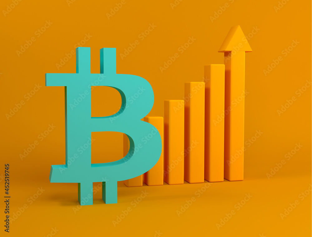 Bitcoin icon with growth graph. International Stock Exchange. Fluctuations and forecasting of the cryptocurrency rate. Bitcoin growth chart illustration and concept. 3D rendering. Bitcoin icon with growth graph. International Stock Exchange. Fluctuations and forecasting of the cryptocurrency rate. Bitcoin growth chart illustration and concept. 3D rendering.