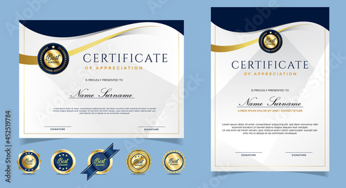 Certificate of appreciation template, gold and blue color. Clean modern certificate with gold badge. Certificate border template with luxury and modern line pattern. Diploma vector template. EPS 10