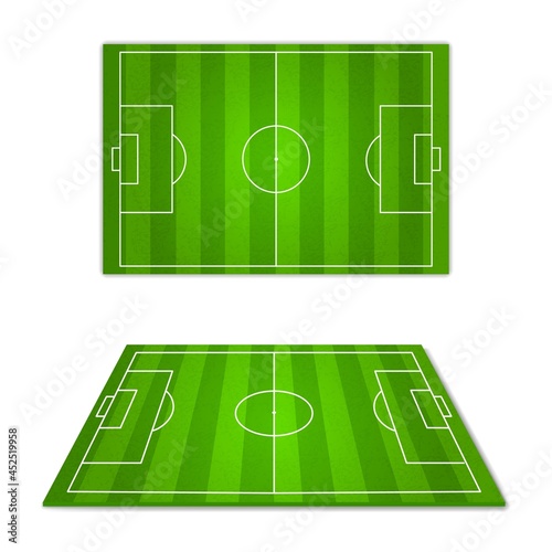 Football field green. Soccer play grounds, different camera angles, perspectives and top view, white lines markup. Outdoors stadium for sports game, vector realistic isolated set