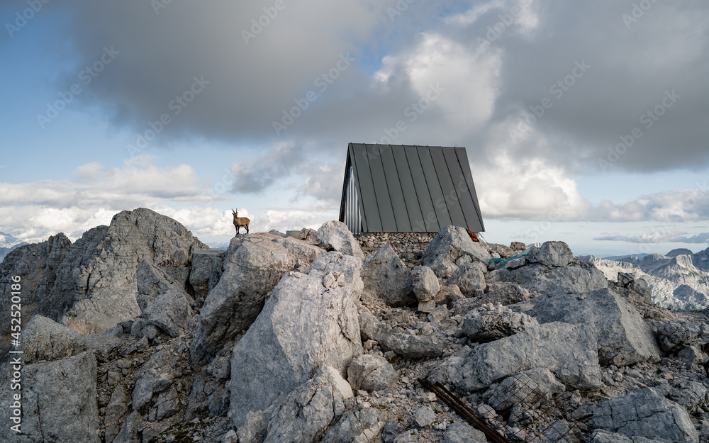 Φωτογραφία Panorama view on Bivouac Luca Vuerich is a mountain shelter for mountaineers and hikers, located at an altitude of 2,531 meters in the Julian Alps, Italy