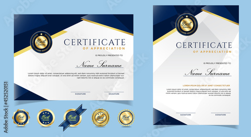 Certificate of appreciation template, gold and blue color. Clean modern certificate with gold badge. Certificate border template with luxury and modern line pattern. Diploma vector template. EPS 10
