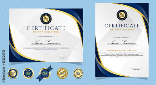 Certificate of appreciation template, gold and blue color. Clean modern certificate with gold badge. Certificate border template with luxury and modern line pattern. Diploma vector template. EPS 10