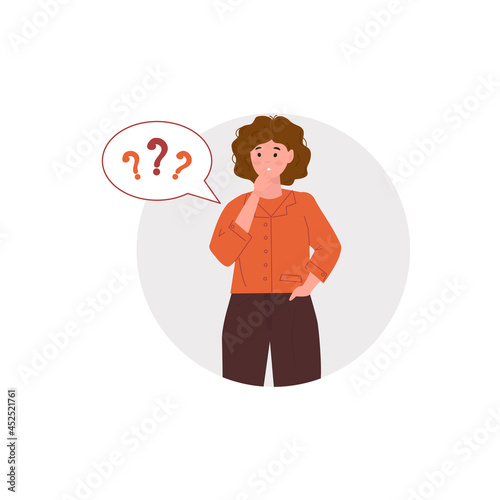 Woman with a question mark. Vector illustration. Work questions, doubts, hypotheses, or assumptions.