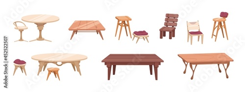 Wooden furniture. Cartoon tables and chairs for dining room and outdoor patio. Antique and modern tables from wood. Bar stools. Interior elements on white. Vector home woodwork set