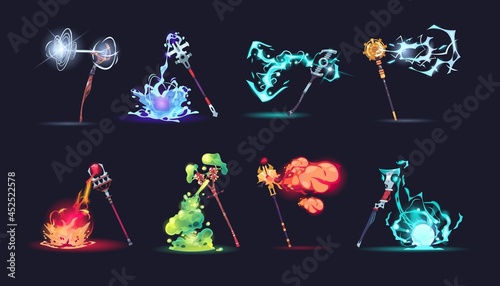 Magic stuff with effects. Cartoon wizard weapon with different colorful fire or explosions. Game arms collection. Isolated scepters with magical battle spells. Vector sorcerer sticks set photo