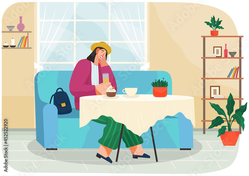 Woman sitting near table in cafe, coffee house. Lady tasting drinks, fresh food in restaurant. Female character in catering establishment with food and drinks on table. Eating in restaurant, cafe