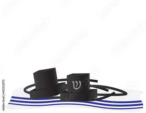 Vector illustration of Black tefillin and White Blue tallit on White background photo