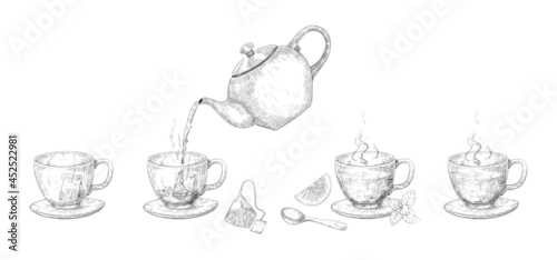 Tea brewing steps. Hand drawn stages of drink making with kettle and mug. Green and black teabags. Lemon and mink leaves. Pour water into cups from teapot. Vector tableware sketches set