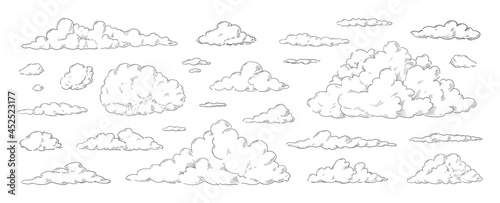 Clouds sketch. Vintage hand drawn sky background with large and small detailed cloudy shapes. Retro pencil drawing. Isolated monochrome cloudscape elements set. Vector engraving heaven