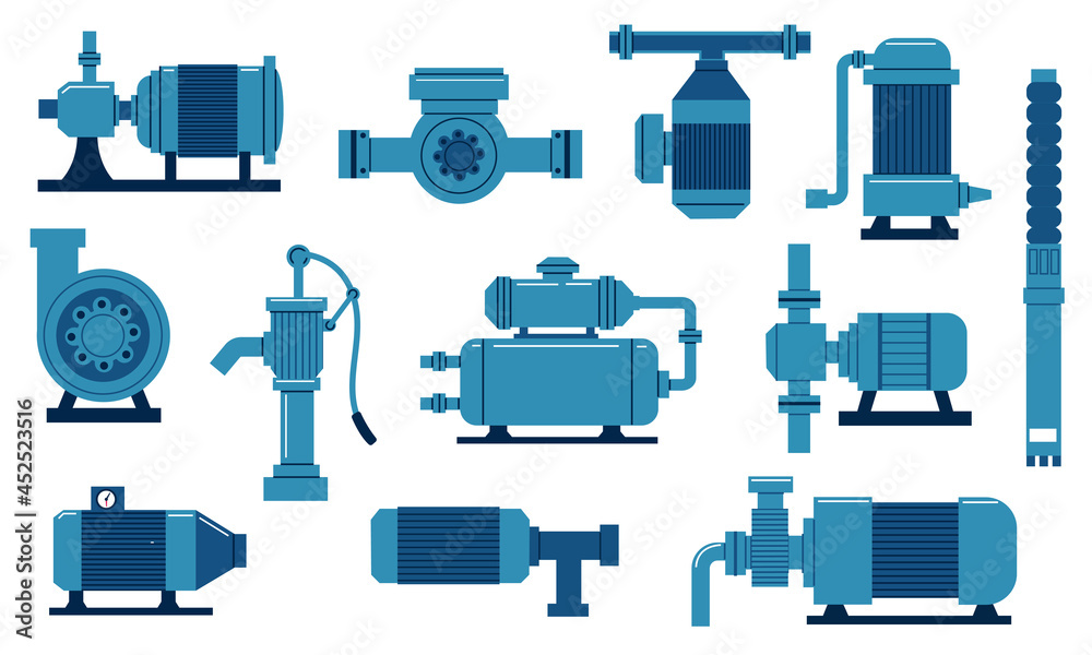 Water pump. Oil industry compressor with motor. Engineering aqua tank with tubes and valves. Isolated diesel supply system. Plumbing machine collection. Vector sewer piping equipment set Water pump. Oil industry compressor with motor. Engineering aqua tank with tubes and valves. Isolated diesel supply system. Plumbing machine collection. Vector sewer piping equipment set