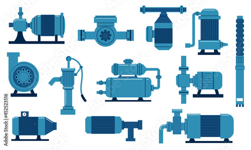 Water pump. Oil industry compressor with motor. Engineering aqua tank with tubes and valves. Isolated diesel supply system. Plumbing machine collection. Vector sewer piping equipment set photo