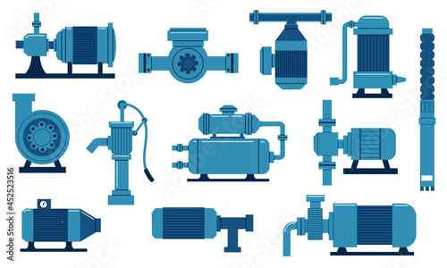 Water pump. Oil industry compressor with motor. Engineering aqua tank with tubes and valves. Isolated diesel supply system. Plumbing machine collection. Vector sewer piping equipment set