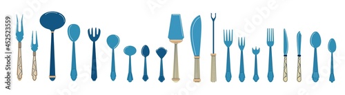 Cutlery. Cartoon tableware with spoons, knives and forks. Dining tools and tableware icons. Banquet flatware. Blue tablespoon or teaspoon. Vector restaurant and bistro elements set