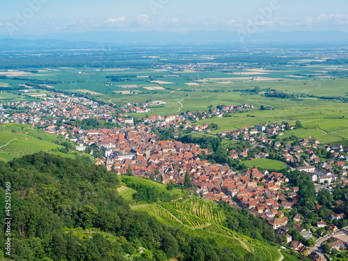 View Ribeauville village from Saint Ulrich castle  Alsace France.