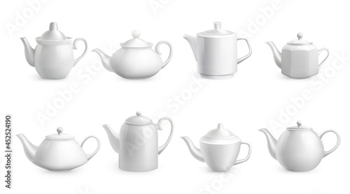 Realistic teapots. White porcelain dishes with cups and nose for tea ceremony. Utensil for morning drink. Ceramic crockery collection. Various shapes of tableware. Vector dinnerware set