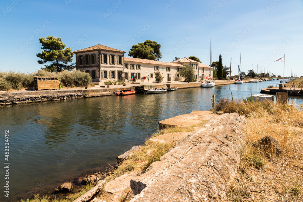 Boats in the Canal du Midi at Les Onglous. A World Heritage Site. Agde, France