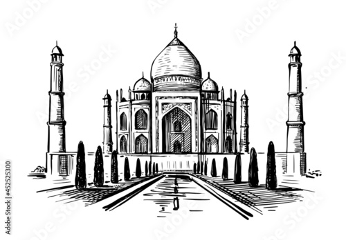 Taj Mahal hand drawn vector. Palace India sketch