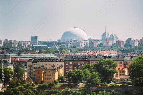 Stockholm, Sweden. Avicii arena In Summer Skyline. It's Currently The Largest Hemispherical Building In The World, Used For Major Concerts, Sport Events