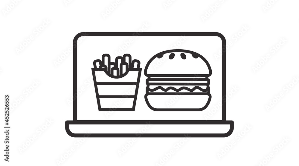 Laptop with burger and fries. Vector isolated editable flat illustration Laptop with burger and fries. Vector isolated editable flat illustration